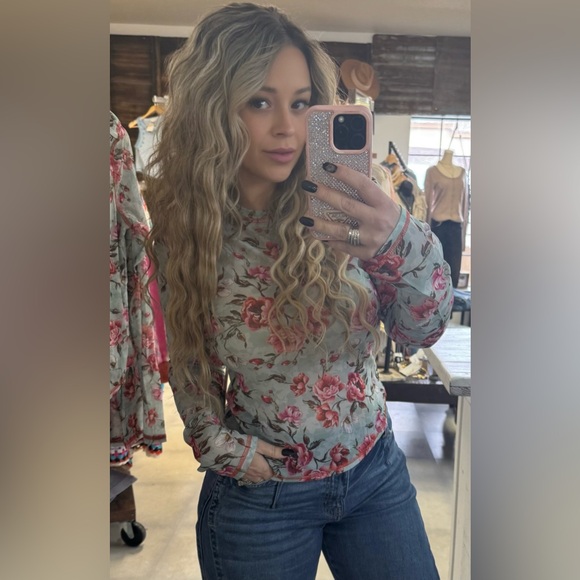 NWT La Miel Floral Contrast Stitch Mesh Long Sleeve Layering Top Shirt Mint - Picture 6 of 8